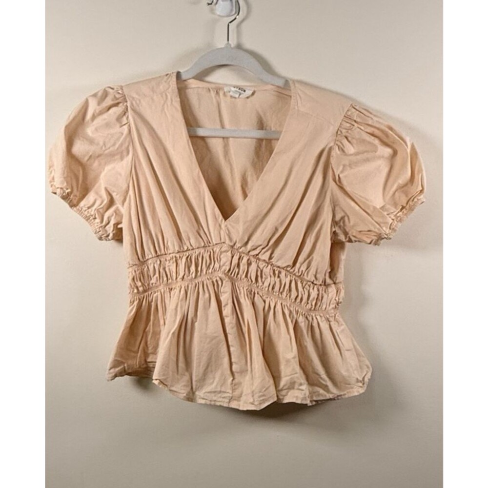 HEYSON Womens Beige Solid V-Neck Puff Short Sleeve Peplum Cotton Blouse M